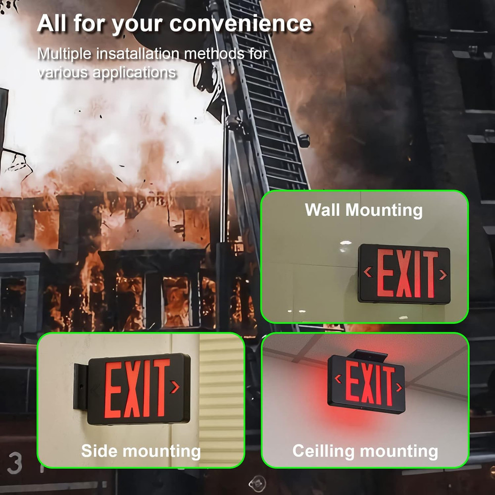 Red Exit Sign with Black Housing, LED Emergency Exit Light with Battery Backup,