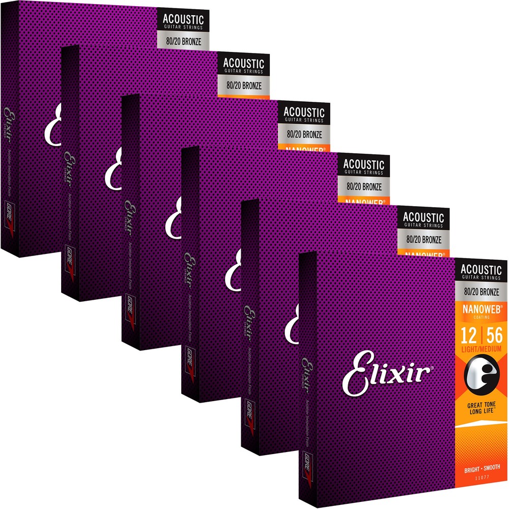 6 Sets Elixir 11077 NANOWEB 80/20 Light Medium Acoustic Guitar Strings 12-56