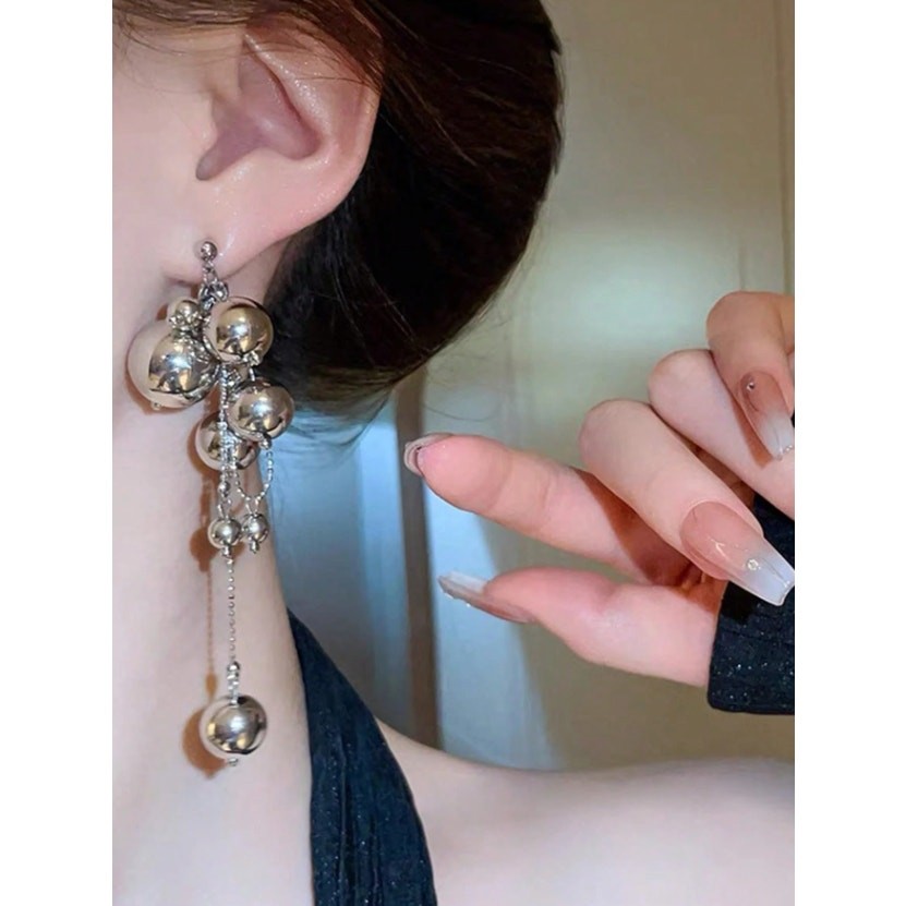 Silver Tone Statement Drop Earrings – Multi Ball Chain Dangle Earrings