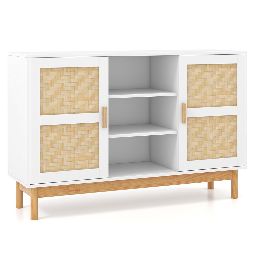48" Sideboard Buffet Cabinet w/ 3 Open Shelves 2 Bamboo Woven Doors for Kitchen