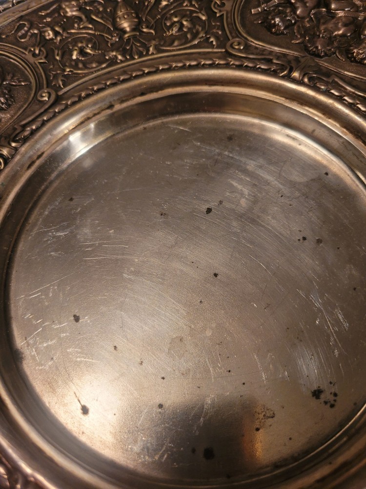 Solid 800M German Silver 10" Plate With Embossed Cherub Scenes. Gorgeous Plate!