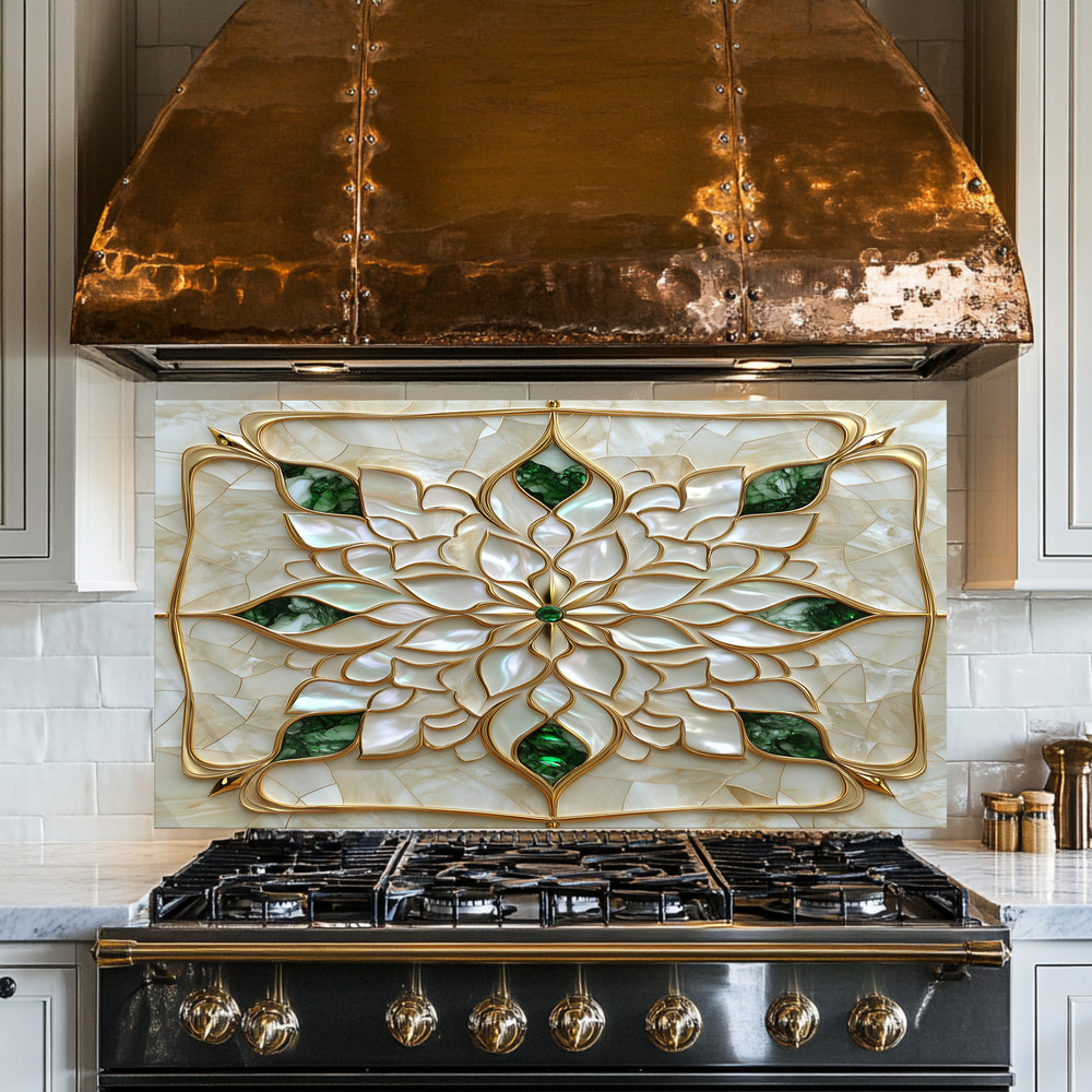 Tempered Glass Kitchen Backsplash, Gold Indian Pattern Stove Guard, US Made