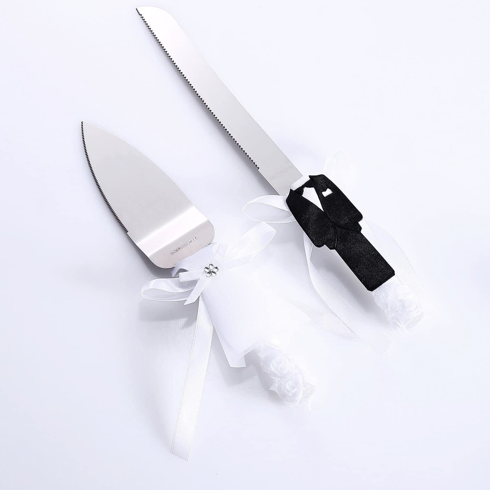Rustic Wedding Cake Knife Serving Set Bride Groom Artificial Green Leaf 2 PCS