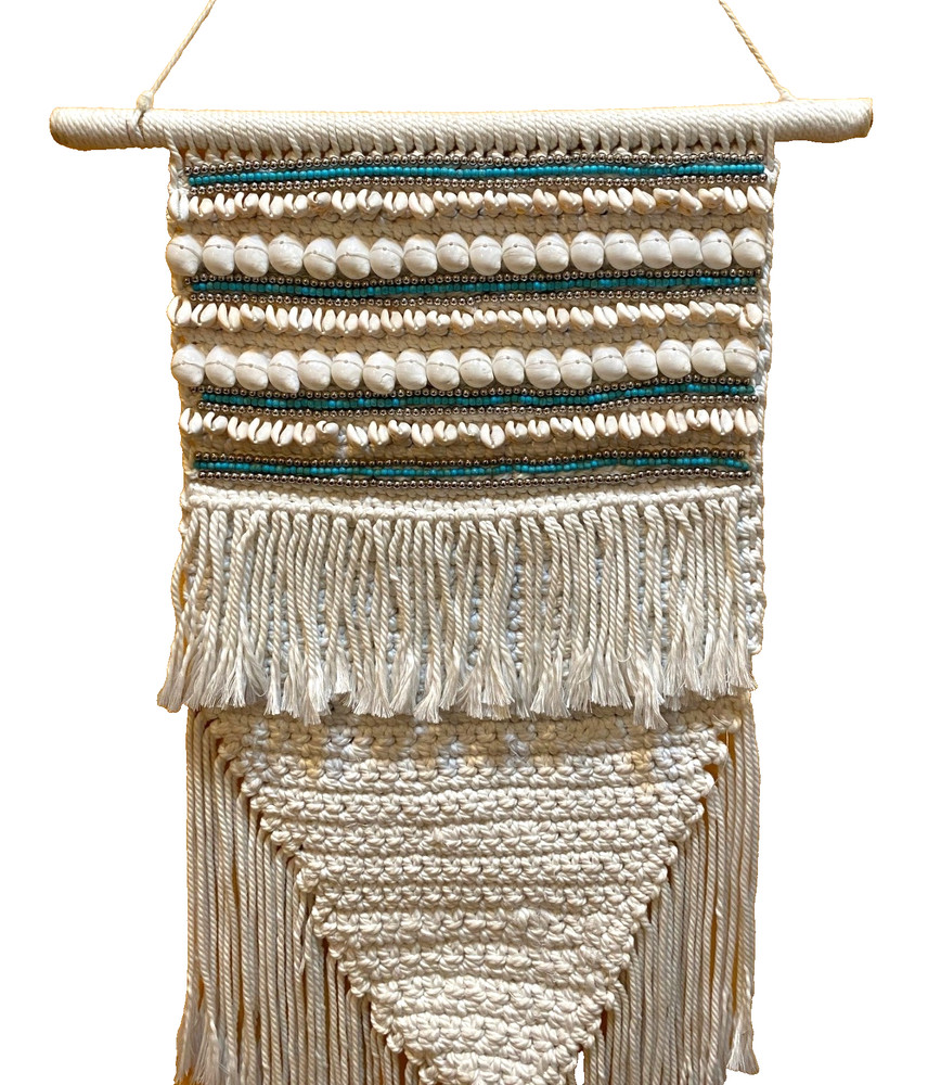 BOHO Handcrafted Wall Hanging Cotton Macrame w/Tassels Shells Blue/Silver Beads