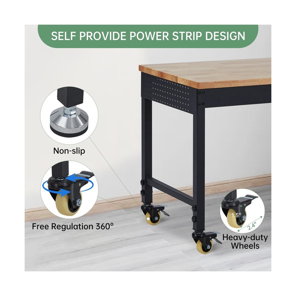 48" Adjustable Height Workbench, Rubber Wood Tabletop Work Table with Wheels,...