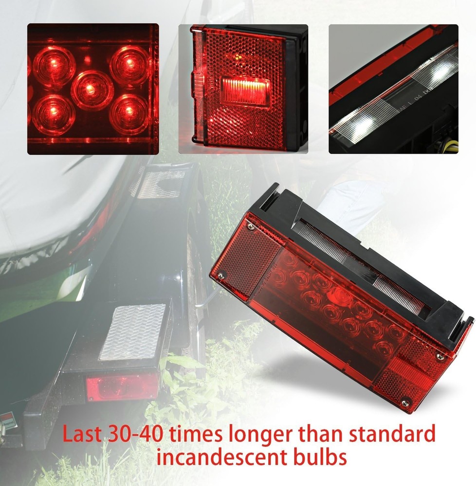 Left+Right LED Waterproof Red Trailer Boat Rectangle Stud Stop Turn Tail Lights