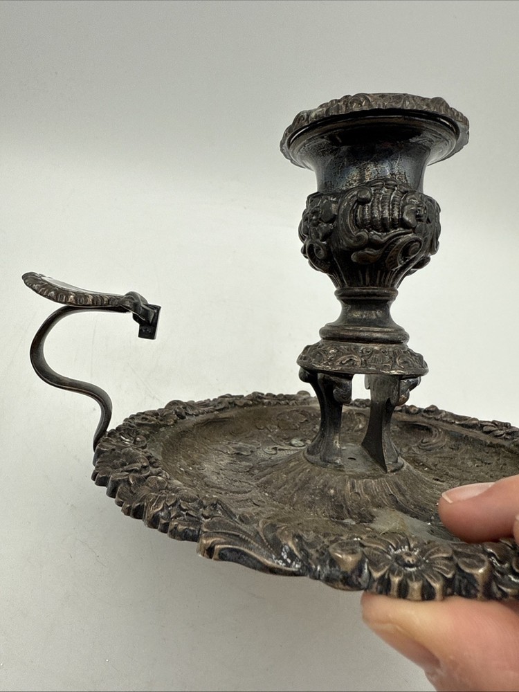 Antique Chamberstick Candle Holder Silver Tone