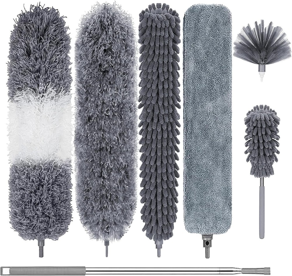 9 Piece Microfiber Feather Multihead Duster kit with Long Retractable Handle