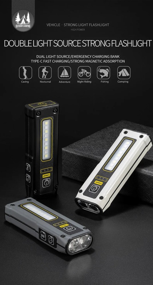 Mini Rechargeable LED Flashlight Magnetic Work Light COB Side Light Power Bank