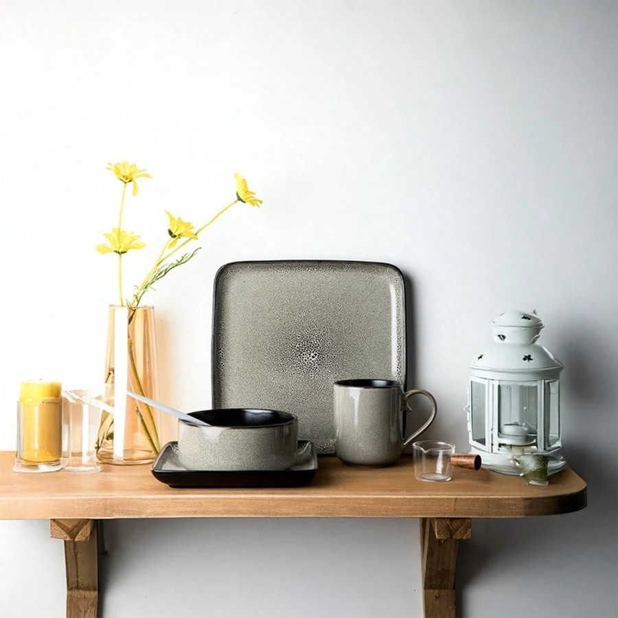 16pc Square Stoneware Dinnerware Set Grey Reactive Glaze Plates Bowls Mugs NEW