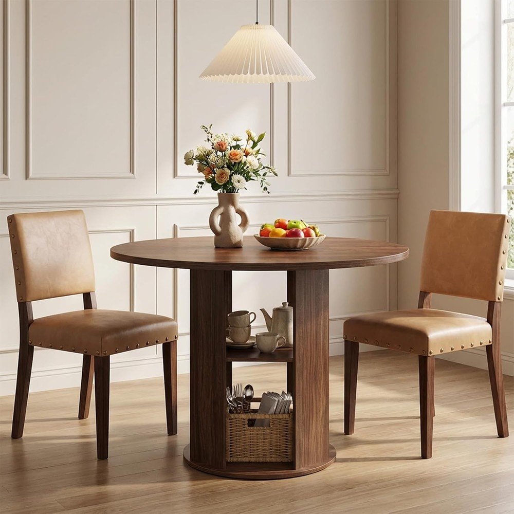 43.3" Round Dining Table W/ Storage Shelf 4 Circle Kitchen Dinner Table W/ Thick