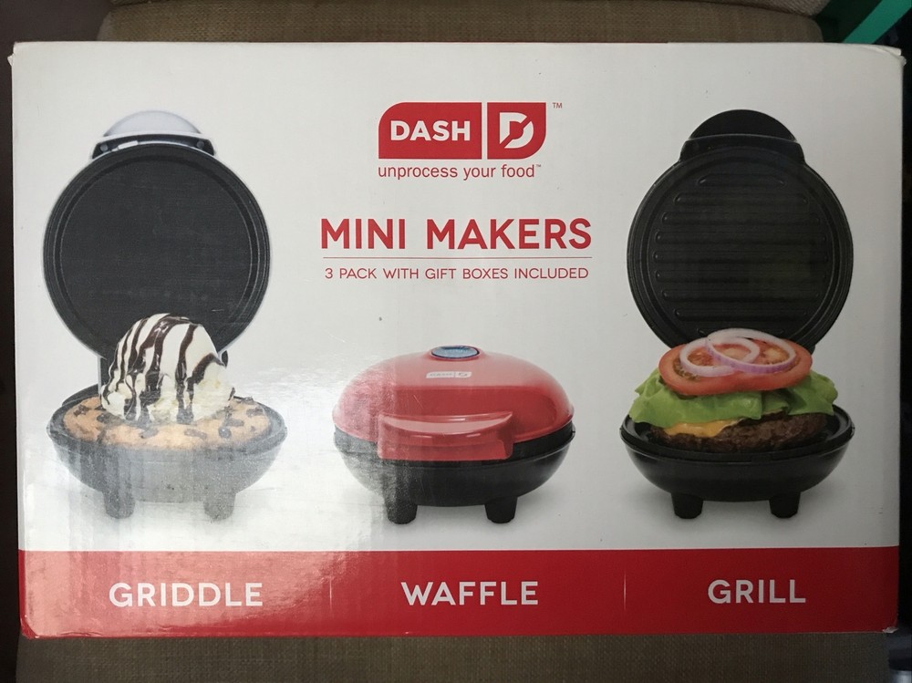 Dash Mini Maker 3-Piece Griddle, Waffle, and Grill Set Red White Black NEW