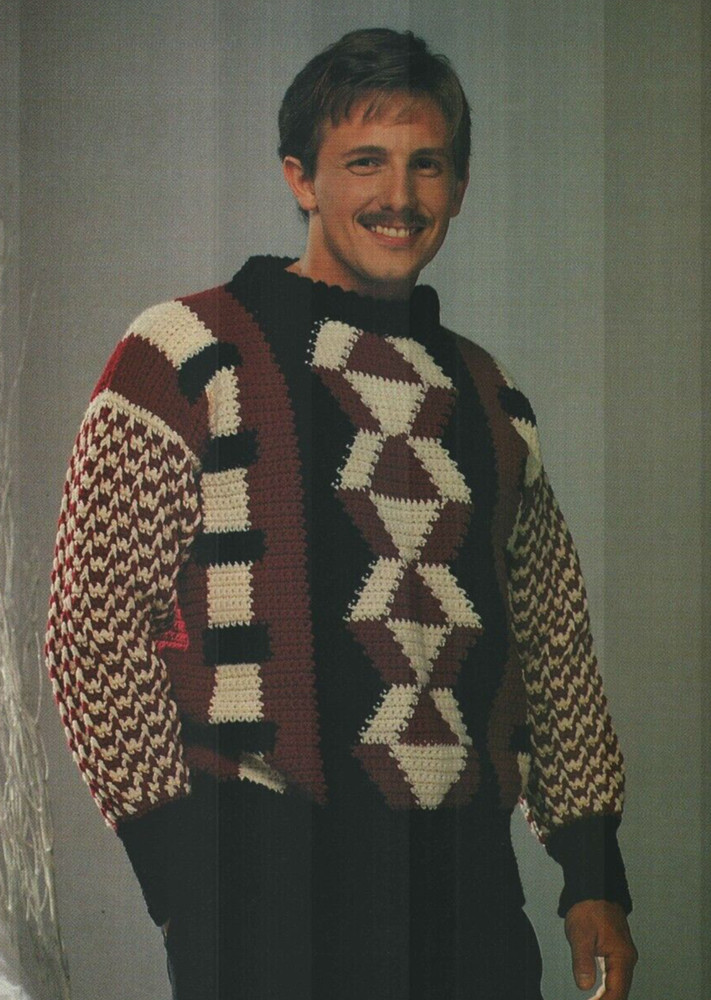 TEXTURED GRAPHICS SWEATER MEN'S 3 SIZES CROCHET PATTERN INSTRUCTIONS