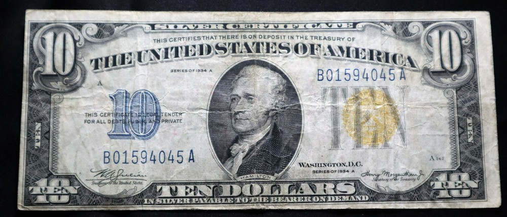 ERROR !!1934-A $10 NORTH AFRICAN SILVER SERTIFICATION, YELLOW SEAL, CIRCULATED,
