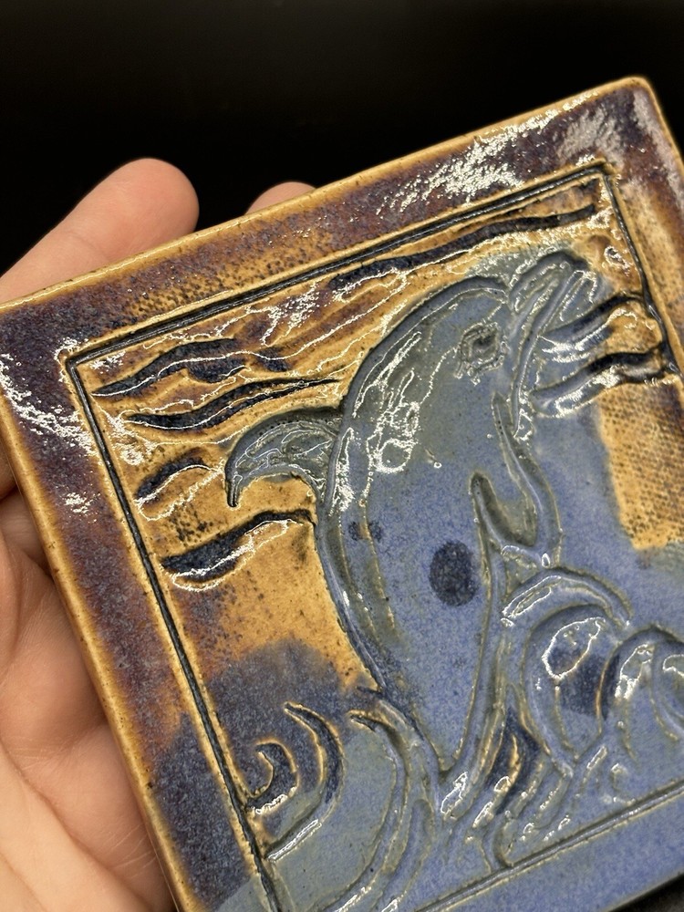 Dolphin Studio Art Pottery Tile By Piper 4.5” Square Signed Handmade