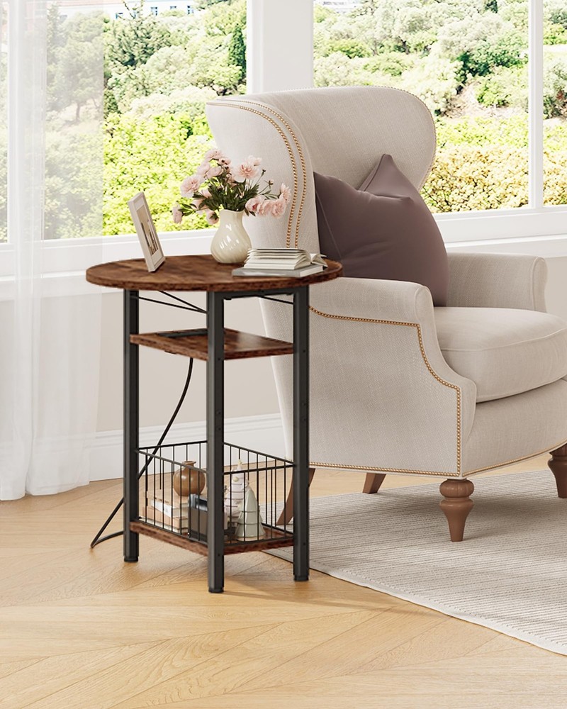 Folding Side Table with Charging Station, 3-Tier Narrow End Table with Foldin...
