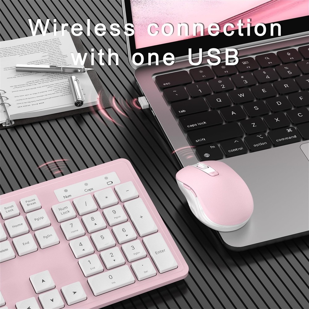 Wireless Keyboard Mouse Combo FullSize 104Key Numeric Keypad Pink White
