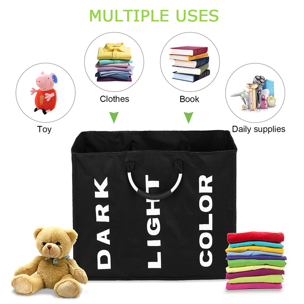 ⁺Collapsable 3-section Laundry Bag Foldable Laundry Hamper Durable Oxford Fabric