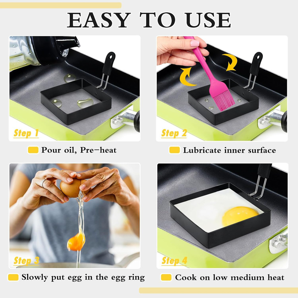 2-Pack 4'' Square Egg Rings Set, Silicone Handle, Stainless Steel, Nonstick, for