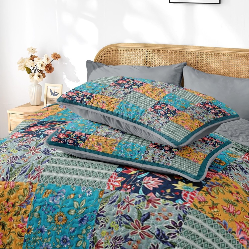 Patchwork Quilt Set Queen Size, Rustic Flowers 3 Pcs Soft Bed Cover Bedding S...