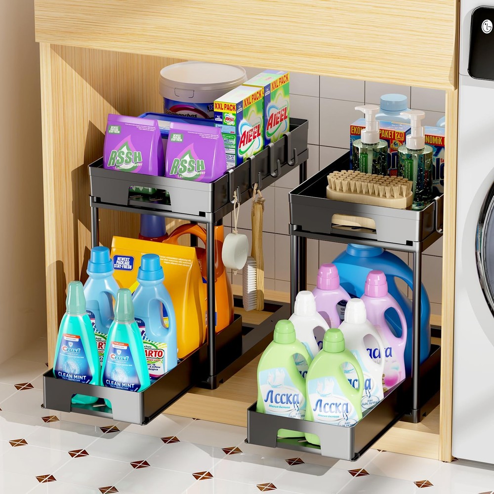 TidyLamu 2 Pack Double Sliding Under Sink Organizers 2 Tier Black