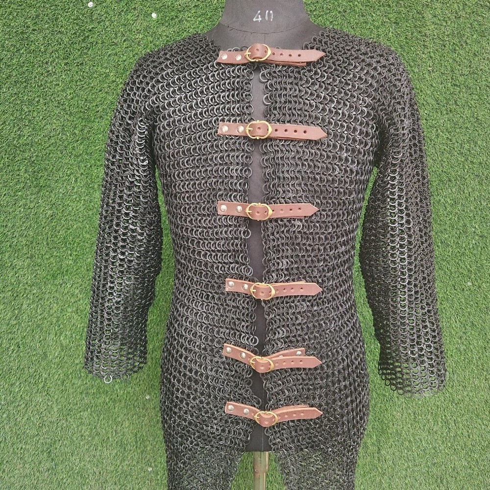 9mm Chainmail Shirt – Flat Riveted with Solid Rings, Black Haubergeon