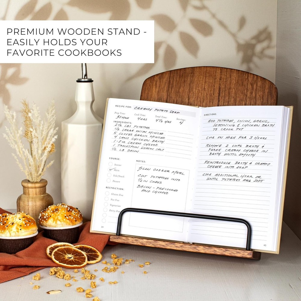 Adjustable Kitchen Cookbook Stand - Space-Saving Design in Rich Walnut Finish