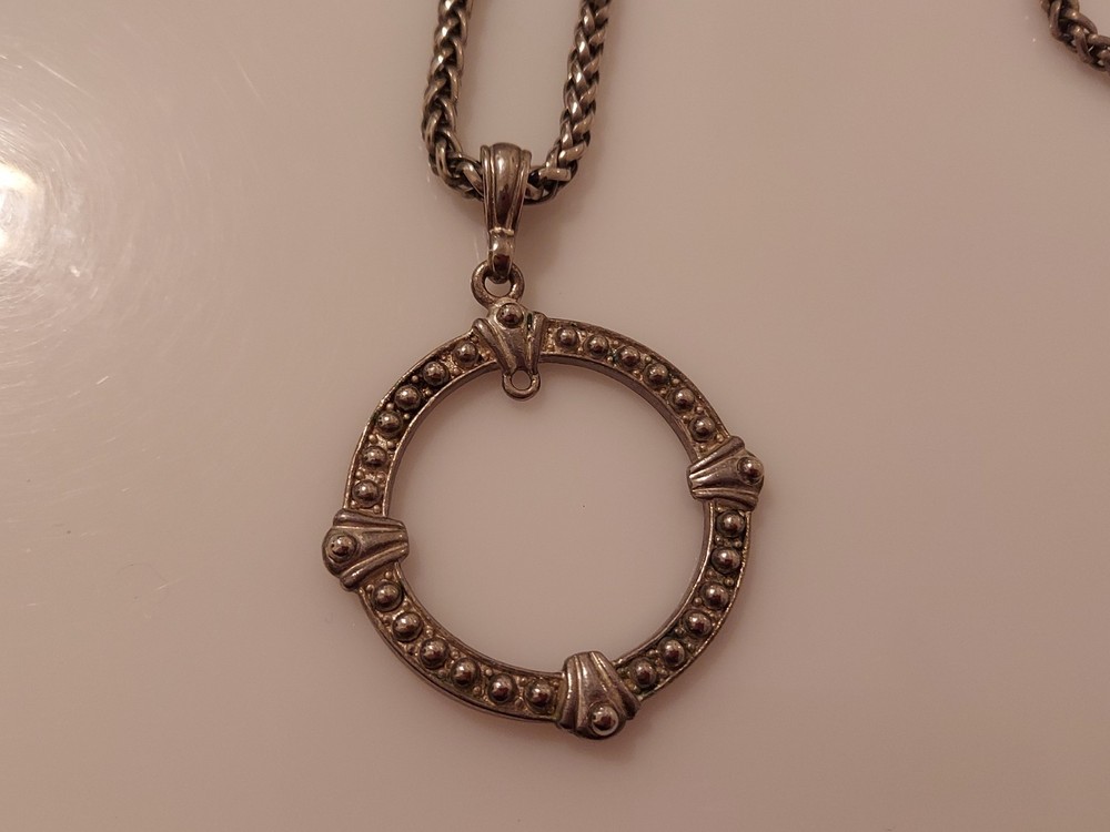 big circular & silvertone chain necklace pendant flawed signed "IS" or "JS"