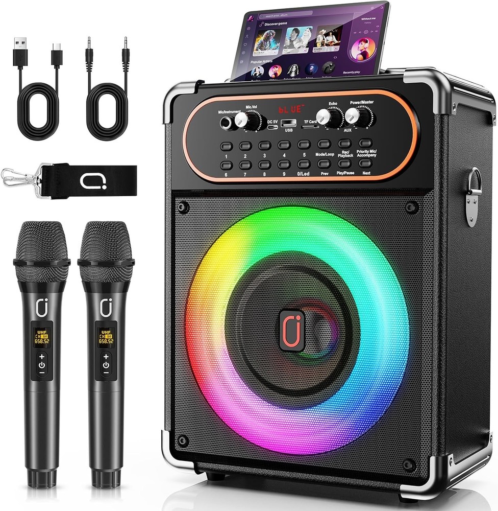 HWWR Karaoke Machine Bluetooth 5.3 2 Mics Echo TWS Black
