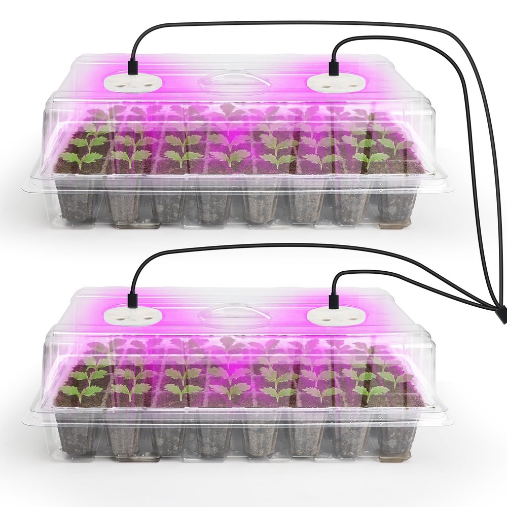 2-Pack Seed Starter Tray with Plant Light, Elevated Seedling Starter Trays Ki...