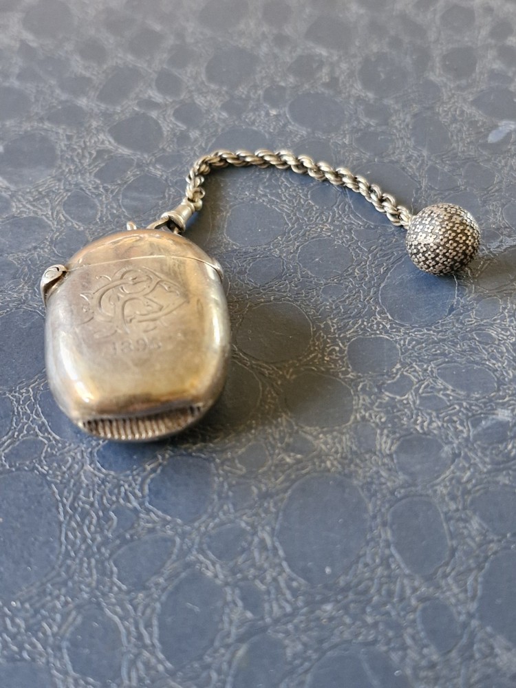 Victorian 1896 Solid Silver Vesta Case,Chester Hallmarked,William Neale + Chain.