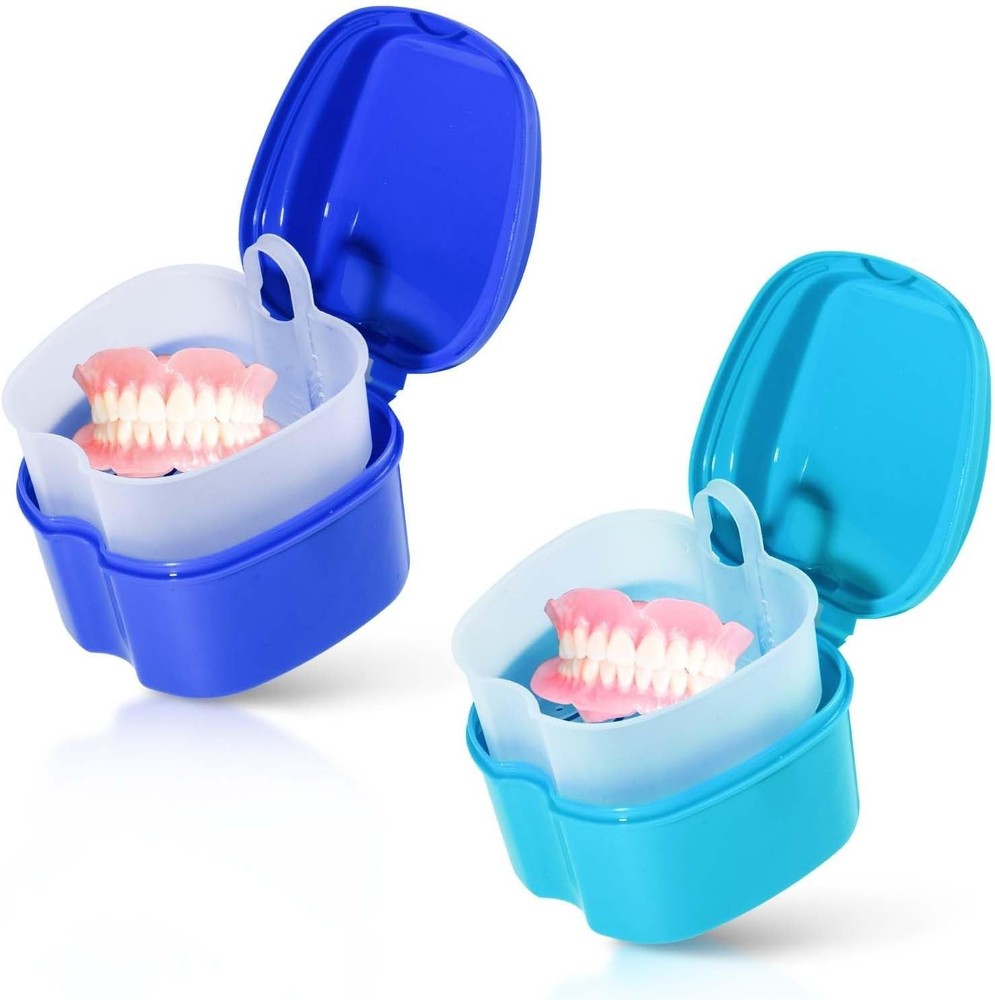 2 Pack Colors Denture Bath Case Cup Box Holder Storage Soak Container with St...