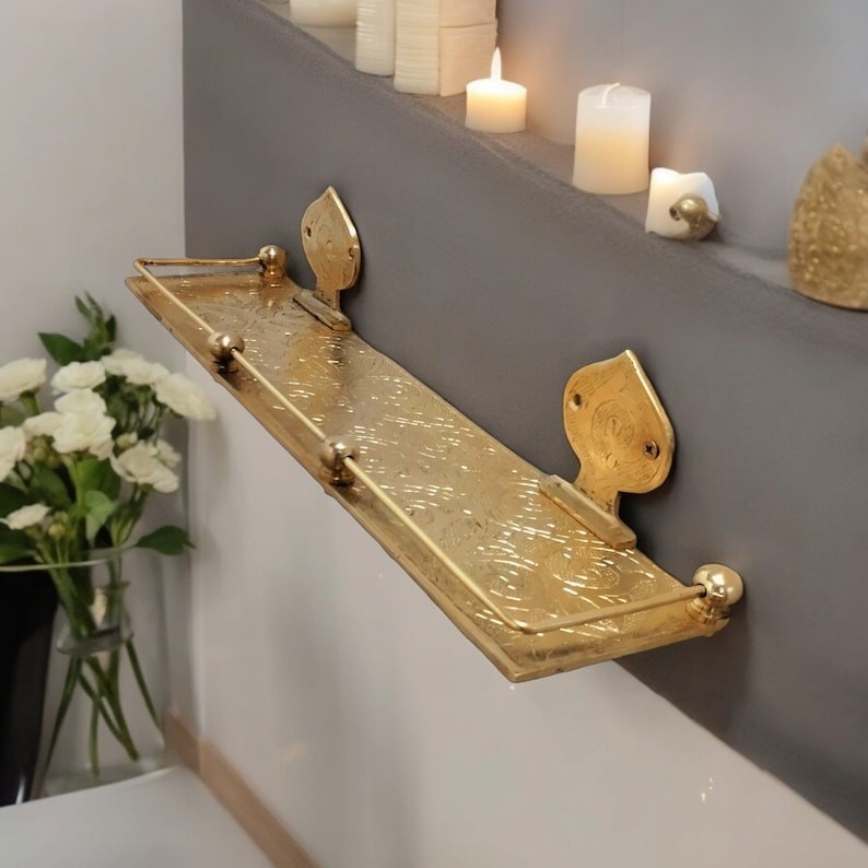 Engraved Solid Brass Wall Mounted Bathroom Shelf, Moroccan Handmade Brass Bathro