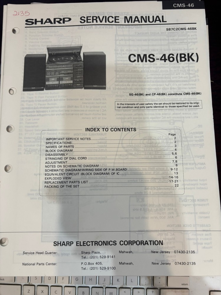 ORIG. SHARP CMS-46 CMS-46(BK) CMS46 BK Repair & Service Manual *ORIGINAL*