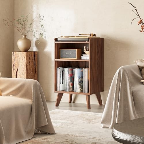 Record Player Stand, Turntable Stand with Record Storage and Charging Walnut