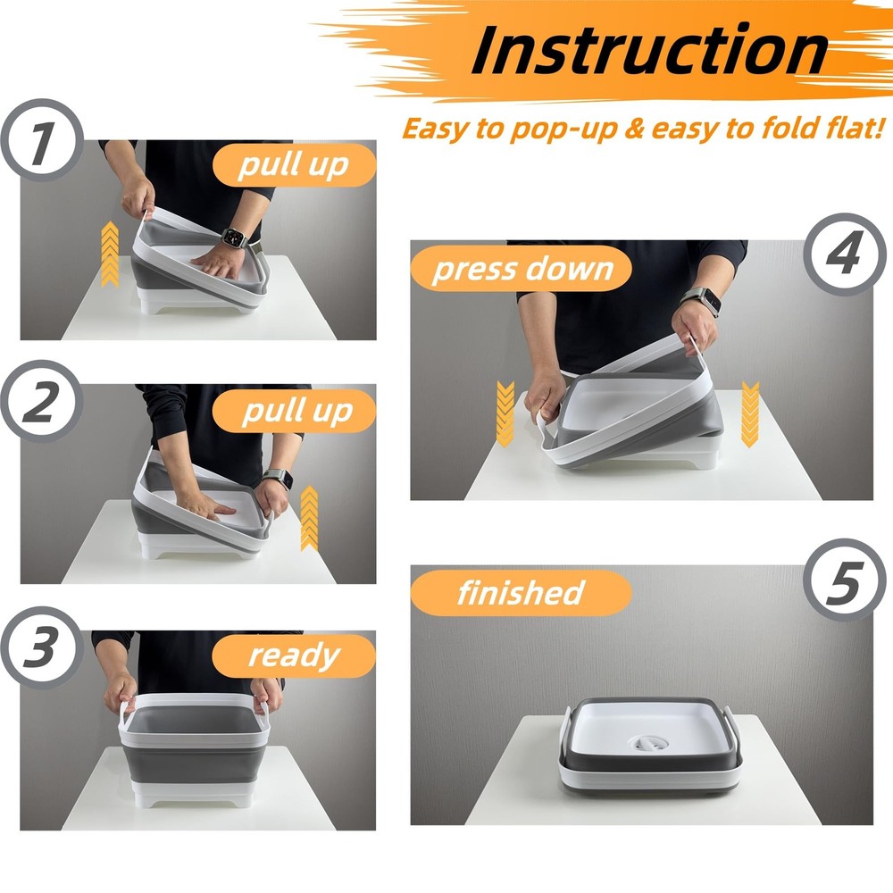 Collapsible Wash Basin with Drain Plug - 2.4 Gallon Foldable Kitchen Sink for...