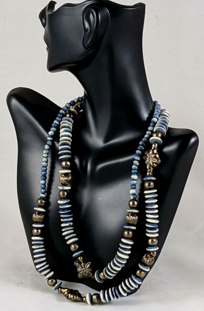 Vintage Boho Long Blue White w/ Silver Tone Necklace