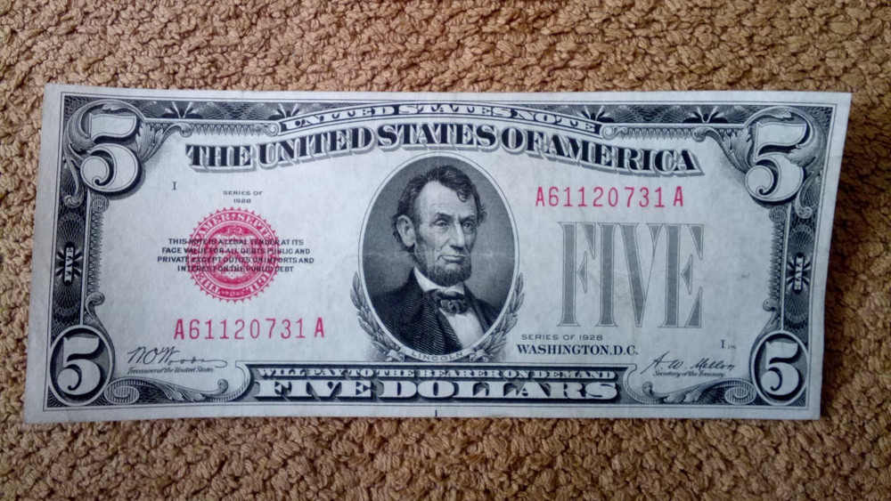 RARE/OLDER/DIFFERENT 1928 PLAIN A-A BLOCK $5  FIVE DOLLAR NOTE, XF++,RED SEAL