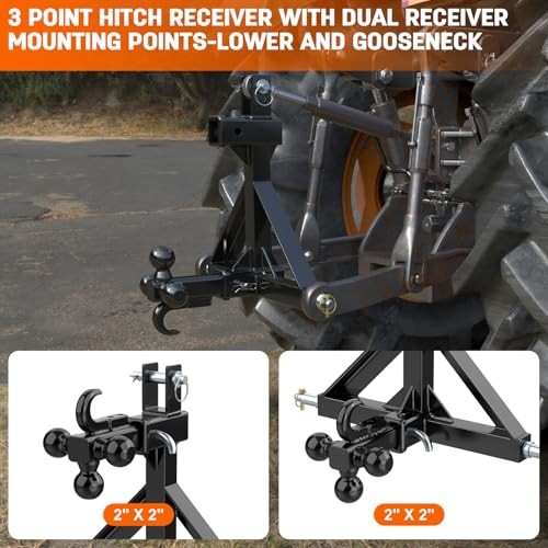 3 Point Hitch Receiver with Dual 2” Receiver–Include Ball Adapter & Hook, Black