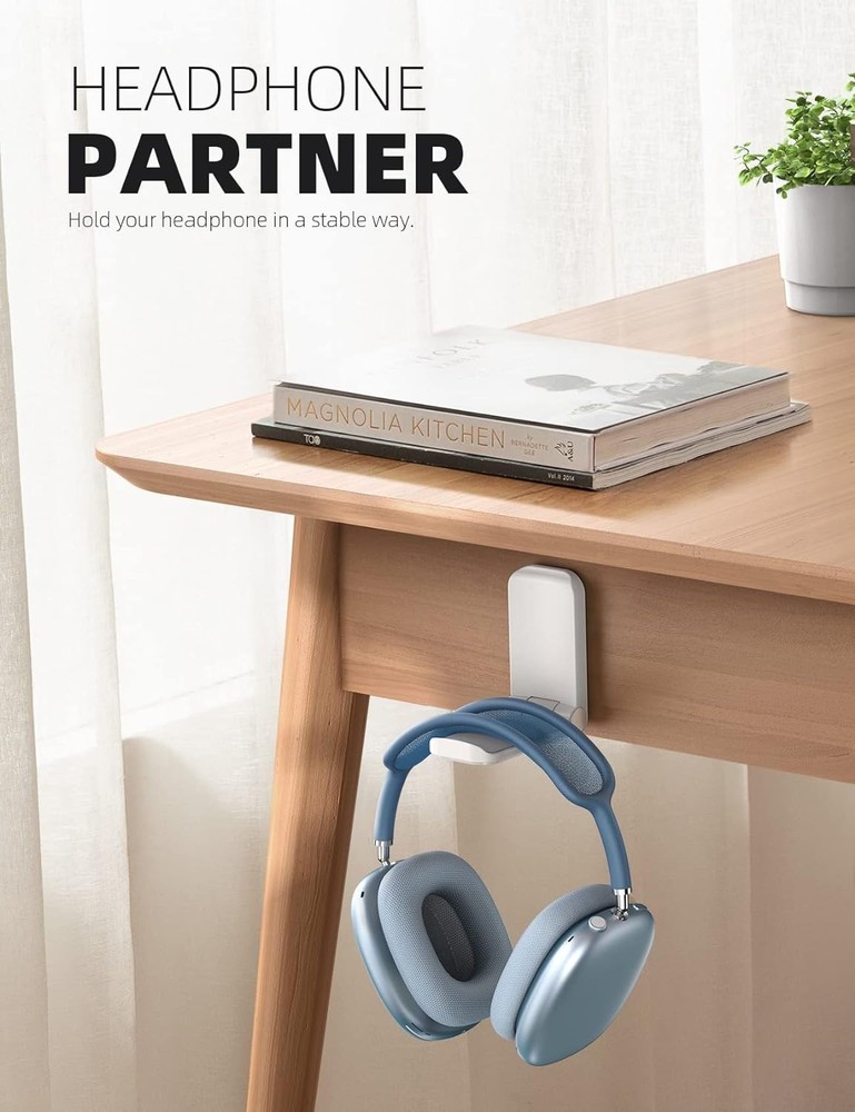 Foldable White Headphone Stand - Strong Adhesive Hook for Clutter-Free Spaces