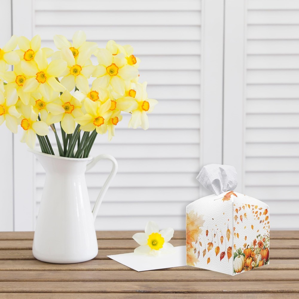 Fall Tissue Box Cover Square - Pumpkin & Fallen Leaves