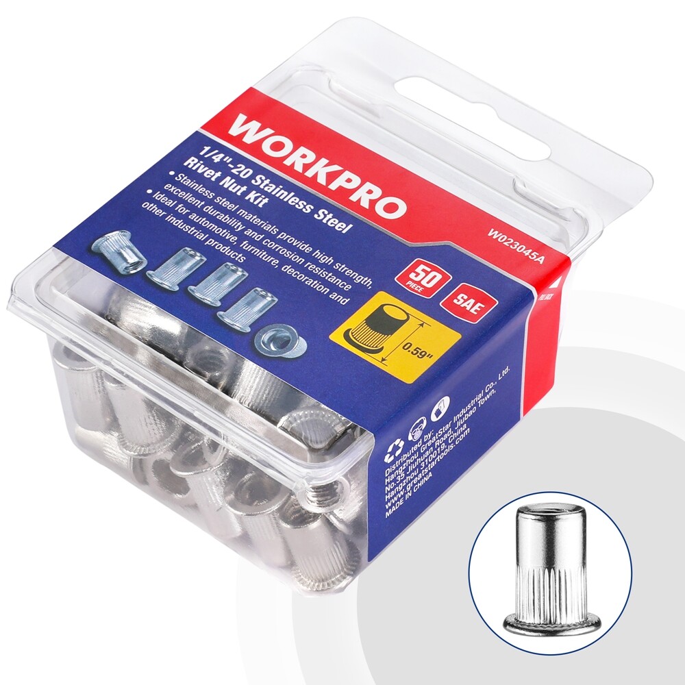 WORKPRO 50PC Rivet Nuts 1/4"-20 Flat Head Threaded Insert Stainless Steel Rivnut
