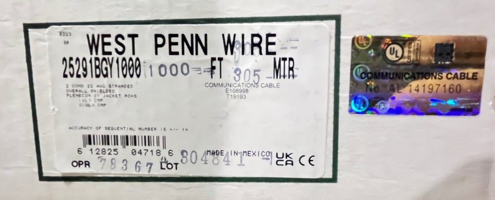 100 ft West Penn Wire 25291B -22/2 Stranded Shielded Plenum Security Alarm Cable