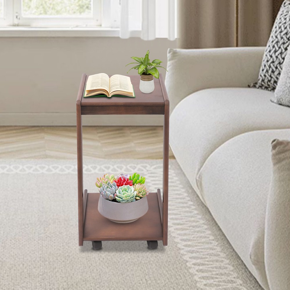 2-Tierd Solid Wood Bedside C-Shaped Side Table w/ Drawer & Lockable Wheels