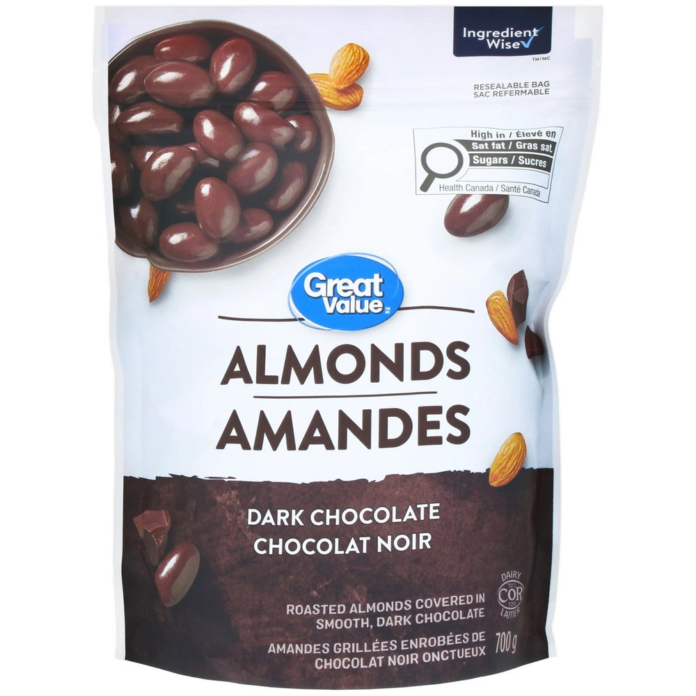 Great Value Dark Chocolate covered Almonds, 700g/24.5 oz. Bag