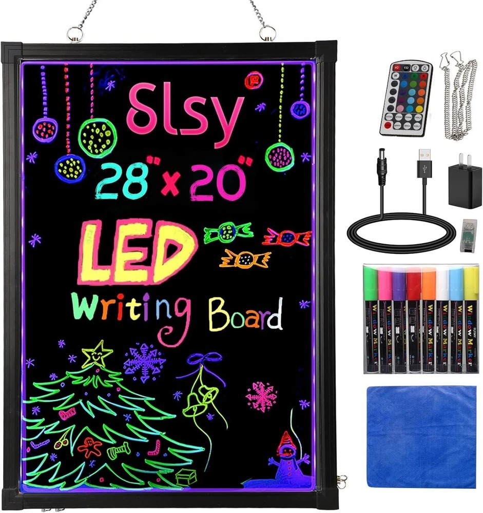 Erasable Neon Effect LED Writing Board - Remote Control, 12 Colors, 28"x20"