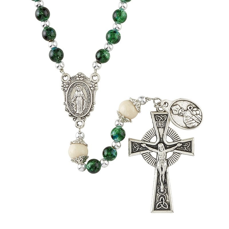 St Patrick Irish Celtic Wire Rosary Green Marbled Glass Beads Miraculous Center