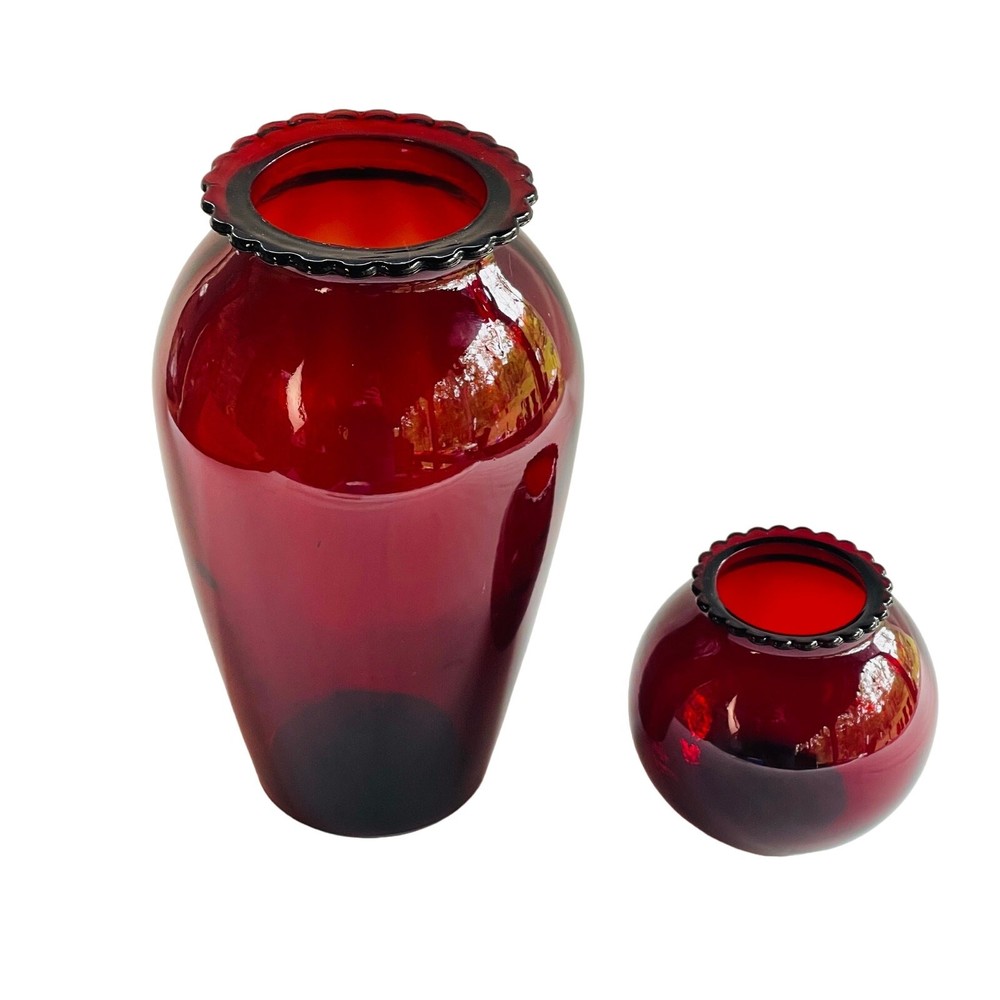 Anchor Hocking Royal Ruby Scalloped Edge Vases 9” & 3 3/4”