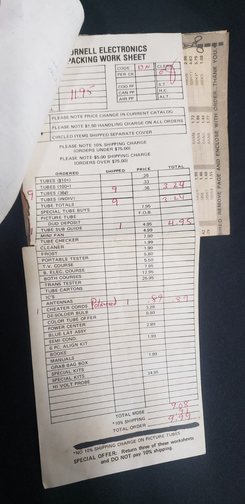 Cornell Electronics Company Mail Order Catalog / Invoice / Price Lists