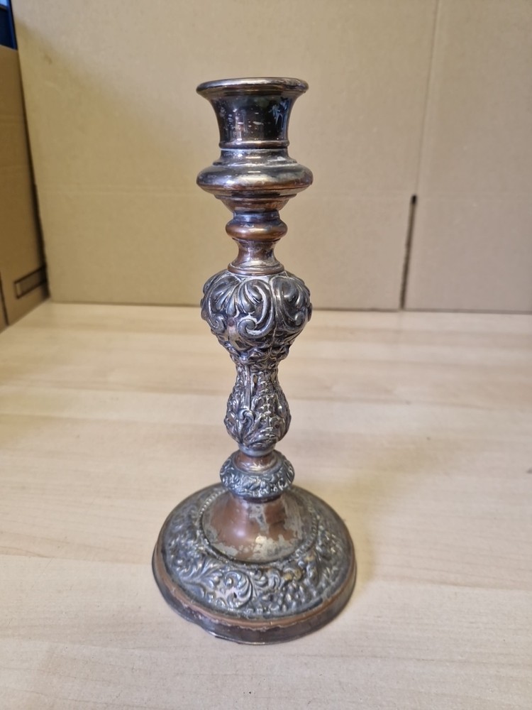 Antique Weighted Silverplate on Copper Candlestick Embossed Pattern 25cm Tall